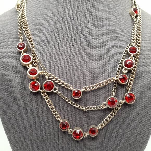 Chico's Red Rhinestone Necklace, Three Strands, Gold Tone, 22 Inches - Picture 3 of 10